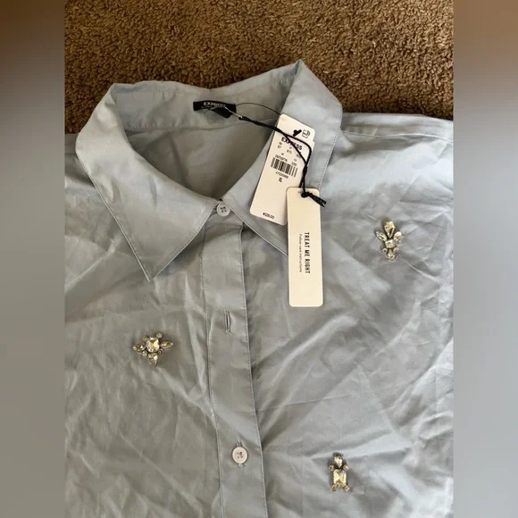 Express Jewel Poplin Blue Top - Picture 5 of 6